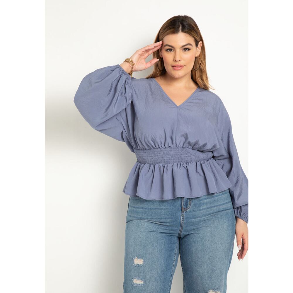 New Eloquii Womans Sz 24 Blouse Smocked Waist Blue‎ Puff Long Sleeve NWT